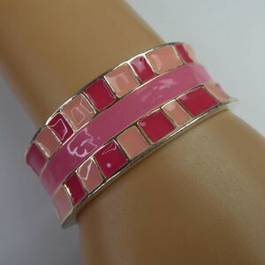 Silver Tone Wide Pink Multi Color Block Hinged Bangle Bracelet Striped Checkered